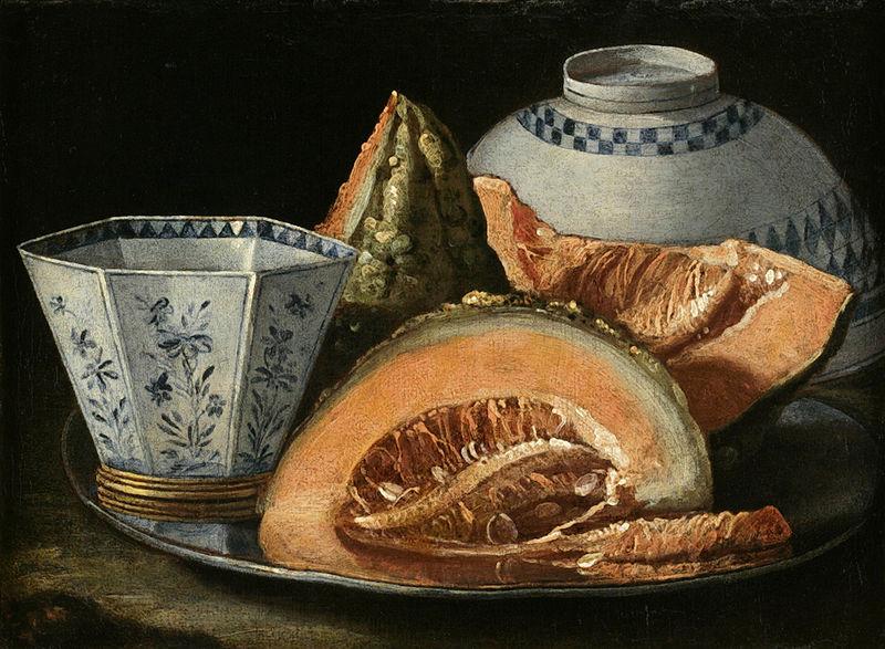 Cristoforo Munari A Still-Life with Melon, an octagonal blue and white cup on a Silver Charger oil painting image